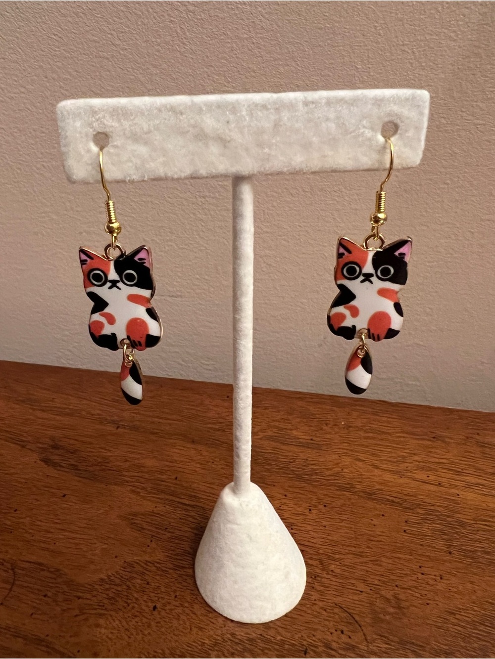 Calico Cat Dangle Earrings - White, Black & Orange